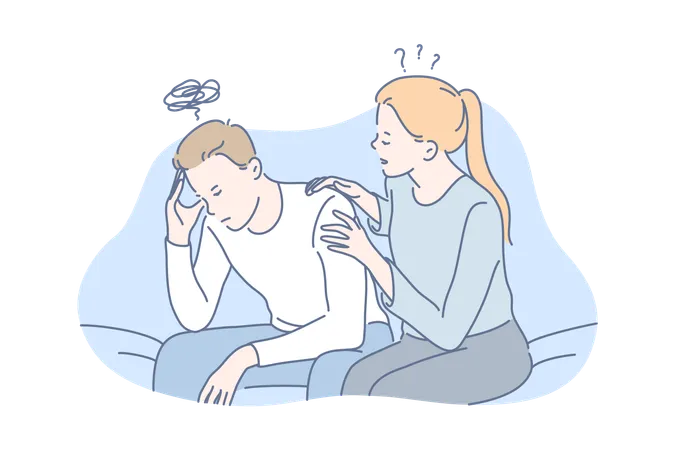 Depression Frustration Support Concept Young Couple Girlfriend Is Hugging Calming Angry Boyfriend Upset Frustrated Woman Embraces Unhappy Man Depression Raises Stress Level Simple Flat Vector Illustration