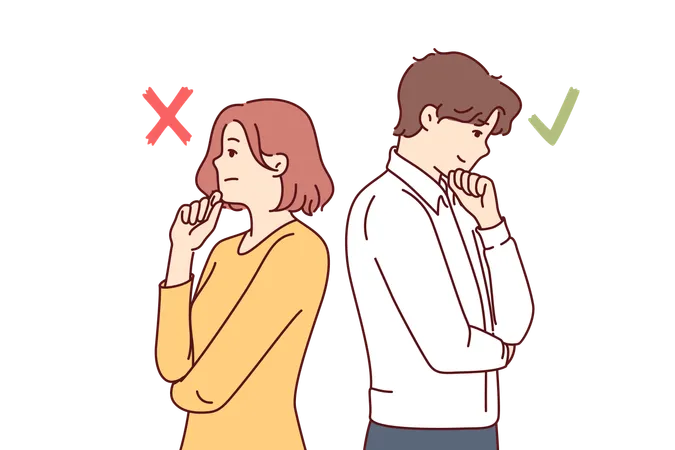 Man And Woman With Opposing Opinions Stand With Backs To Each Other And Ponder Arguments For Dispute Couple With Opposing Thoughts Located Near Cross Or Check Mark Symbolizing Differences Of Opinion Illustration