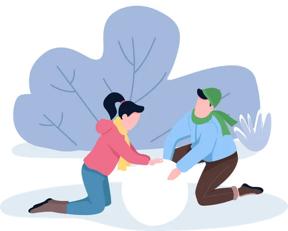 Couple faisant un bonhomme de neige ensemble  Illustration