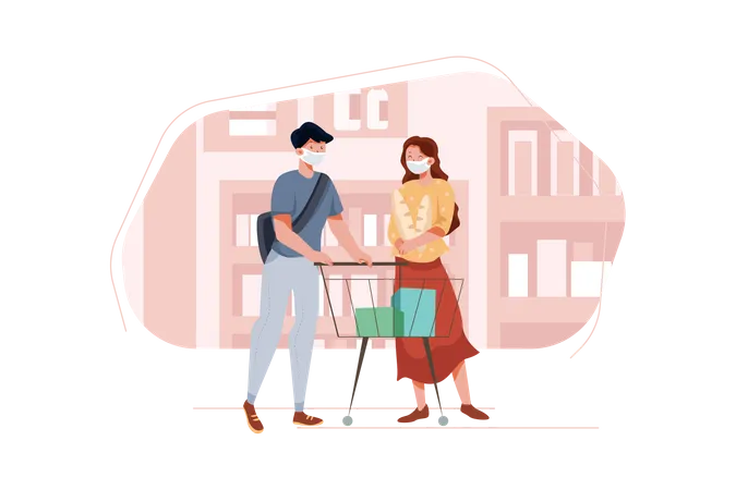 Couple faisant des courses au magasin pendant une pandémie  Illustration