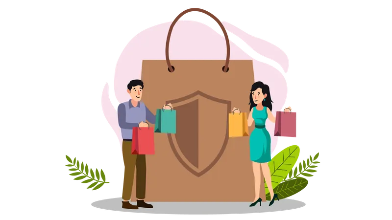 Couple faisant du shopping avec les droits des consommateurs  Illustration