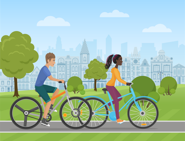 Couple, faire du vélo dans le parc Illustration