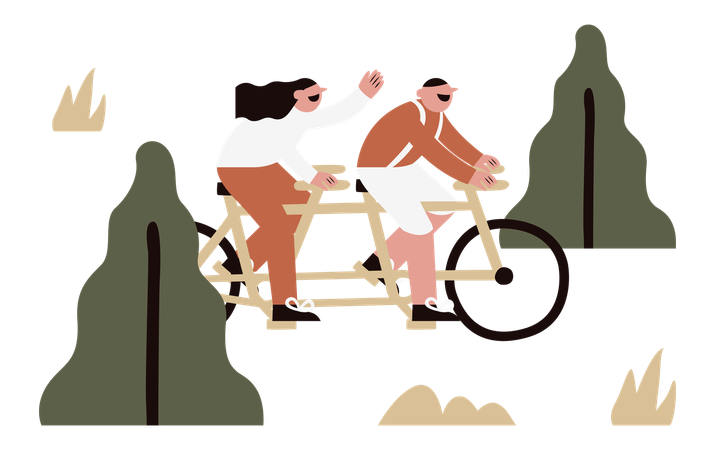 Couple faisant du vélo ensemble dans le parc  Illustration