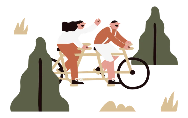 Couple faisant du vélo ensemble dans le parc  Illustration