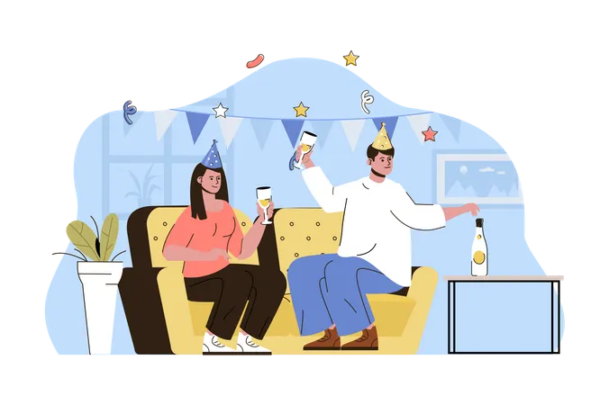 Couple faisant une fête d'anniversaire à la maison  Illustration