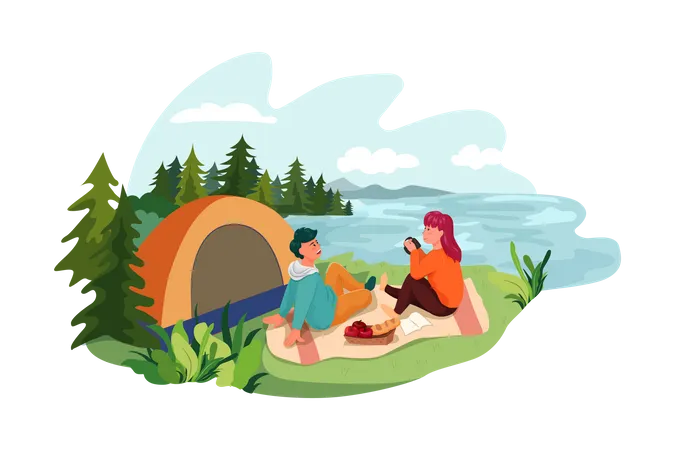 Couple faisant du camping au bord de la rivière  Illustration
