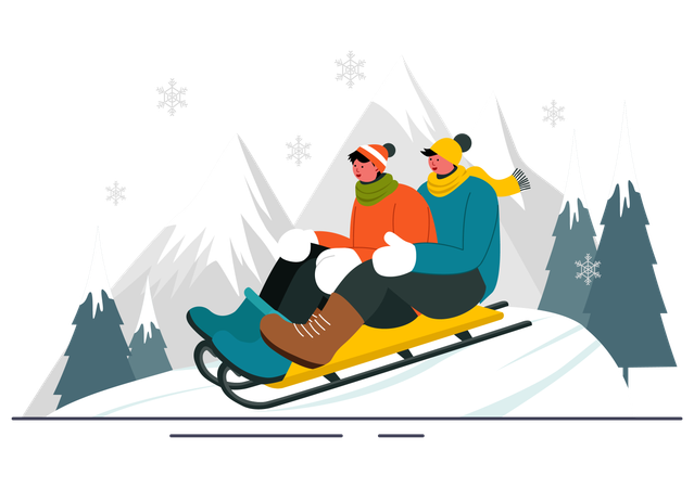 Couple faisant de la luge sur la glace en hiver  Illustration