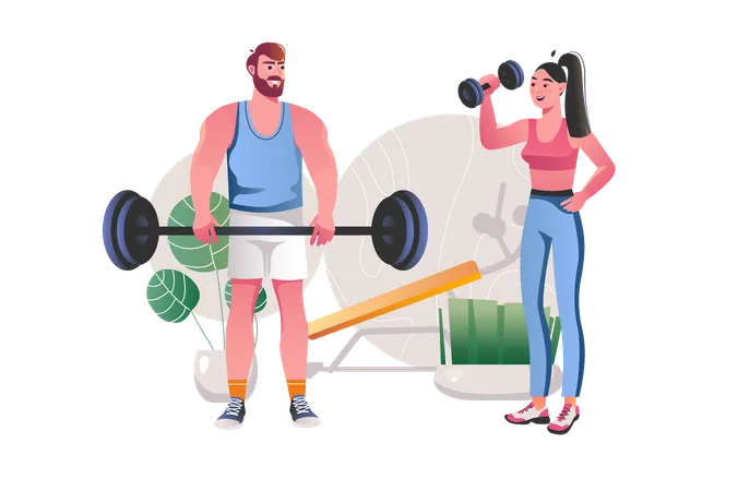 Couple faisant de l'exercice ensemble dans une salle de sport  Illustration