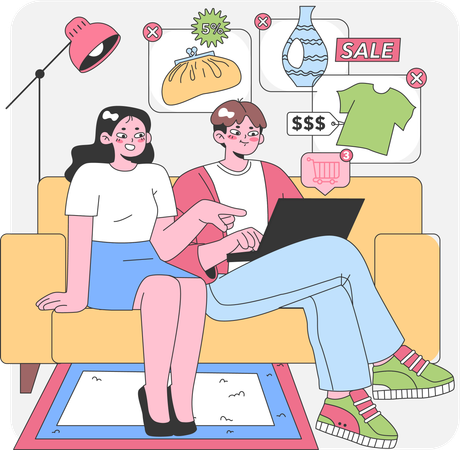 Couple faisant des achats en ligne  Illustration