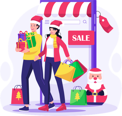 Couple faisant des achats en ligne pendant les soldes de Noël  Illustration