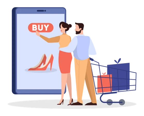 Couple faisant des achats en ligne via une application mobile  Illustration