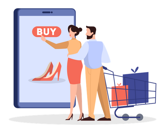 Couple faisant des achats en ligne via une application mobile  Illustration