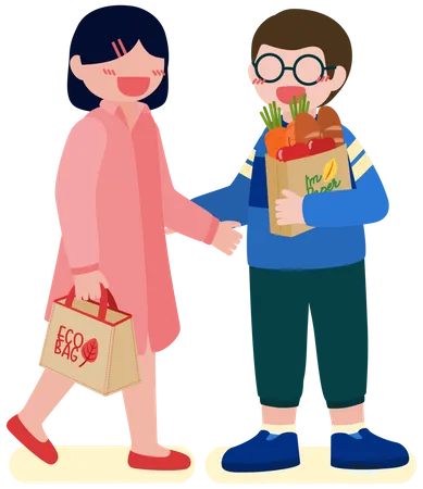 Couple faisant des courses avec un sac écologique  Illustration