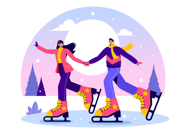 Couple faisant du patinage sur glace dans une patinoire  Illustration