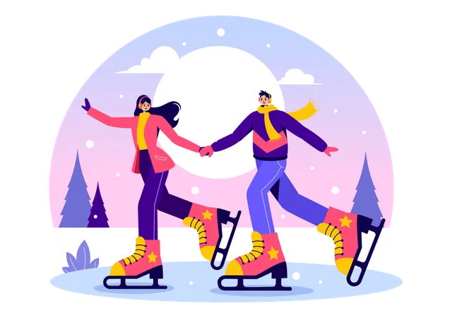 Couple faisant du patinage sur glace dans une patinoire  Illustration