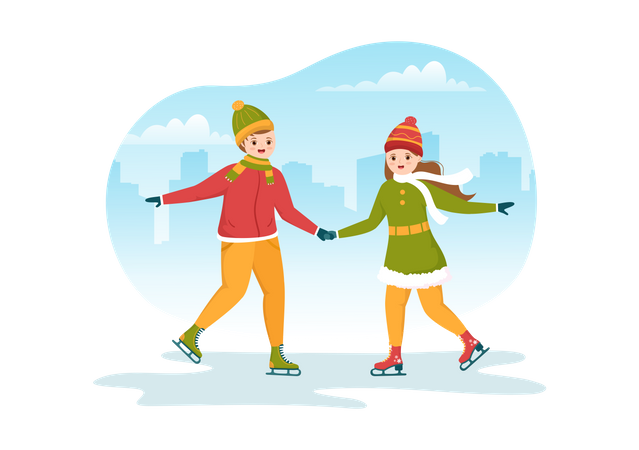 Couple faisant du patinage sur glace en se tenant la main  Illustration