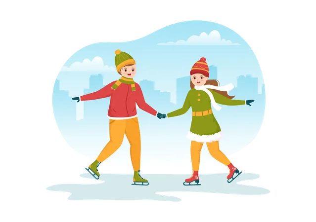 Couple faisant du patinage sur glace en se tenant la main  Illustration