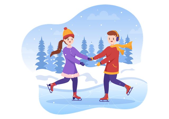 Couple faisant du patinage sur glace en se tenant la main  Illustration