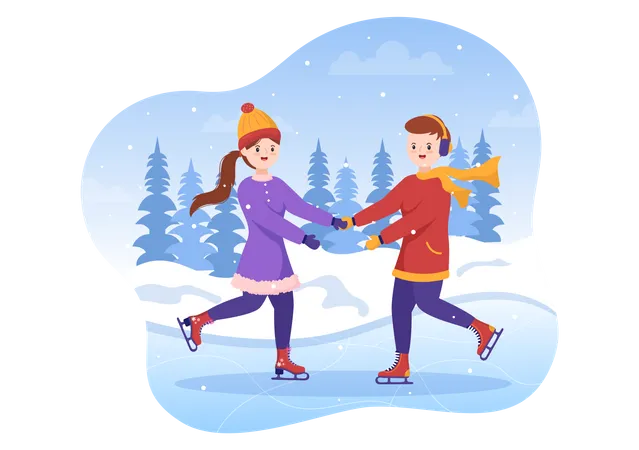 Couple faisant du patinage sur glace en se tenant la main  Illustration