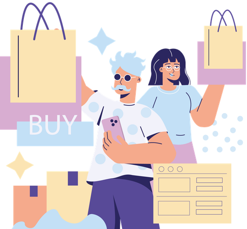 Couple faisant du shopping  Illustration