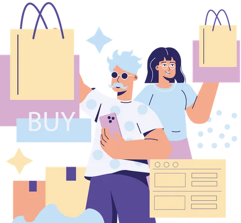 Couple faisant du shopping  Illustration