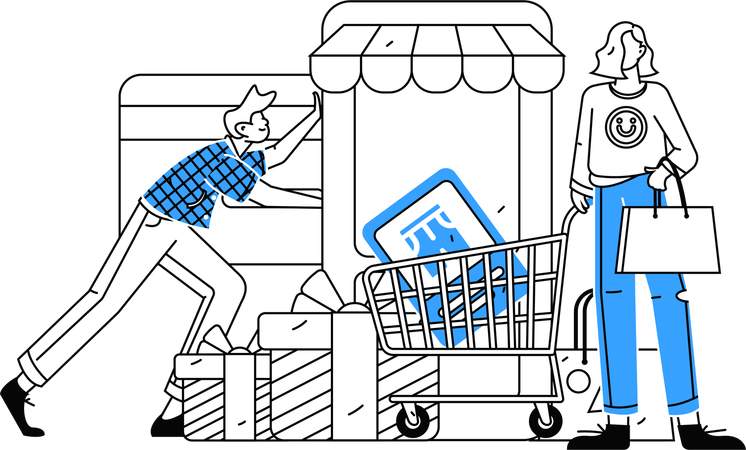 Couple faisant du shopping sur une application de commerce électronique  Illustration