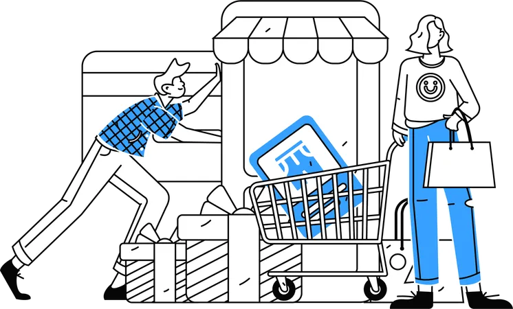 Couple faisant du shopping sur une application de commerce électronique  Illustration