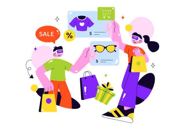 Couple faisant du shopping en réalité virtuelle  Illustration