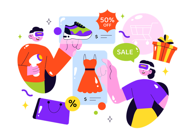 Couple faisant du shopping en réalité virtuelle  Illustration