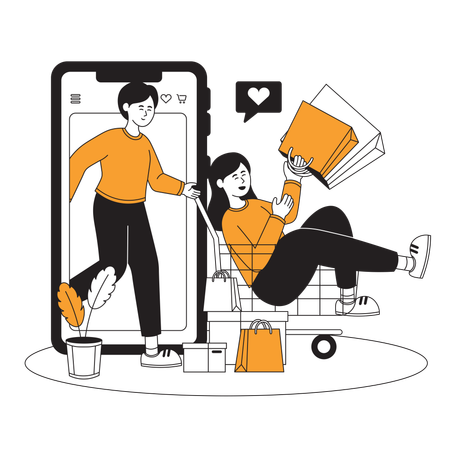 Couple faisant du shopping sur une application de commerce électronique  Illustration