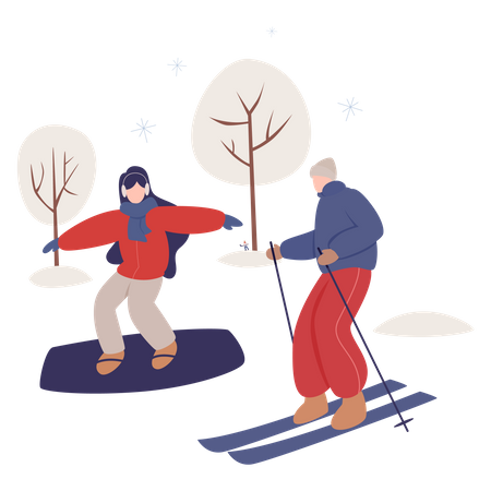 Couple faisant du ski pendant la saison d'hiver  Illustration