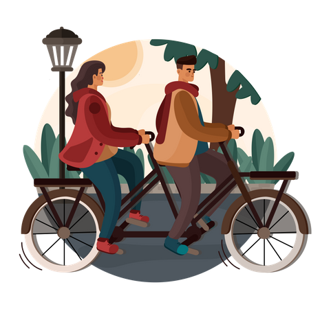 Couple faisant du vélo dans le parc  Illustration