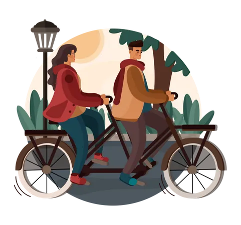 Couple faisant du vélo dans le parc  Illustration