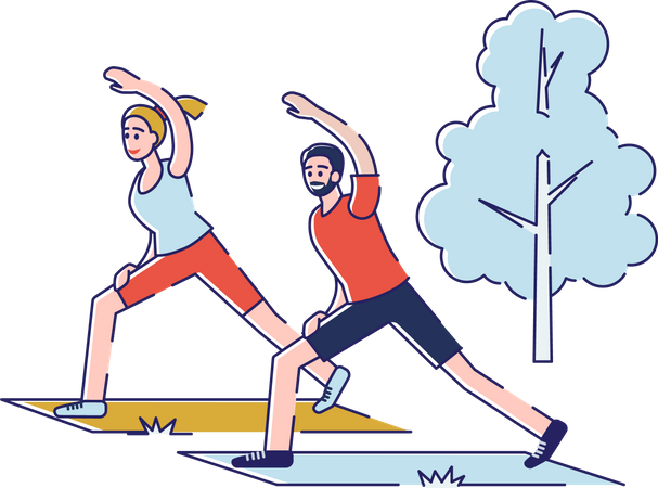 Couple faisant du yoga dans le parc  Illustration