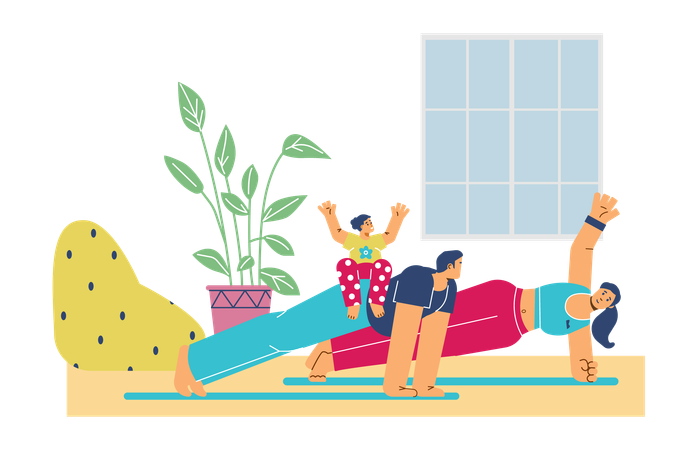 Couple faisant des exercices de planche à la maison avec un enfant sur le dos  Illustration