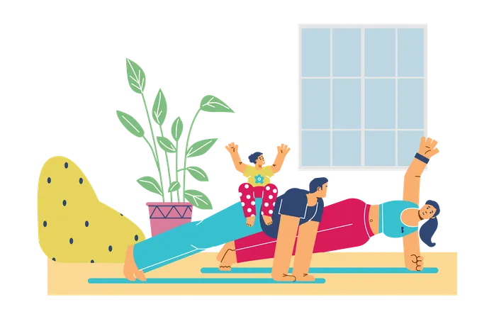 Couple faisant des exercices de planche à la maison avec un enfant sur le dos  Illustration