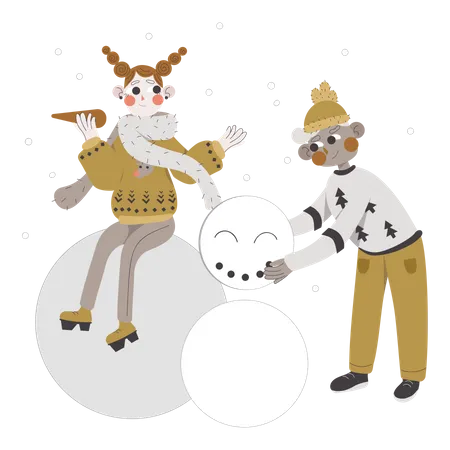 Couple faisant un bonhomme de neige  Illustration