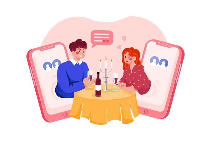 Couple faisant un rendez-vous virtuel sur une application de rencontres  Illustration