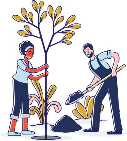 Couple faisant des plantations et plantant des arbres ensemble  Illustration