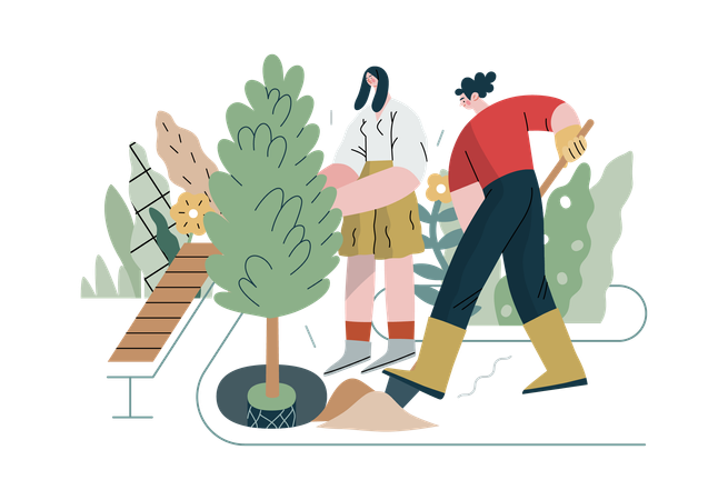 Un couple fait du jardinage  Illustration