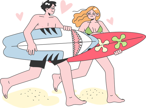 Un couple fait du surf à bord  Illustration