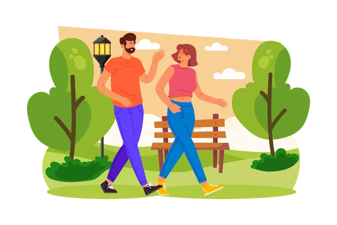 Un couple fait une promenade romantique dans le parc  Illustration