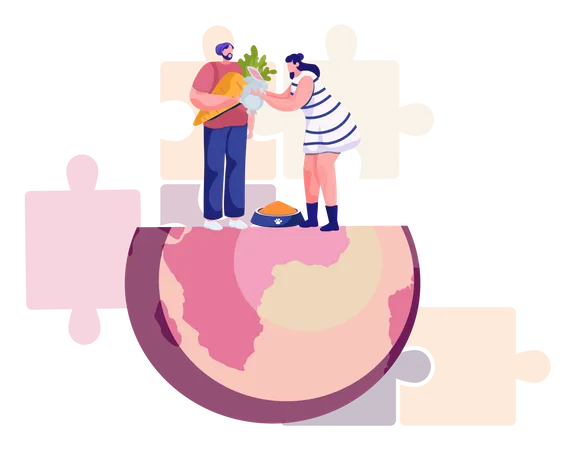 Pet Care Happy Couple With Rabbit Cute Animal And People Vector Illustration In Pink Colour A Girl Holds A Hare In Her Hands A Man Stands With A Carrot On The Half Globe Against The Puzzles Illustration