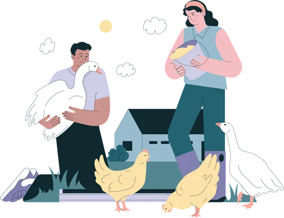 Couple feeding poultry animals  イラスト
