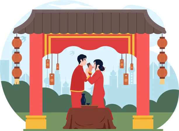 Couple feels romantic on Chinese New year  Illustration
