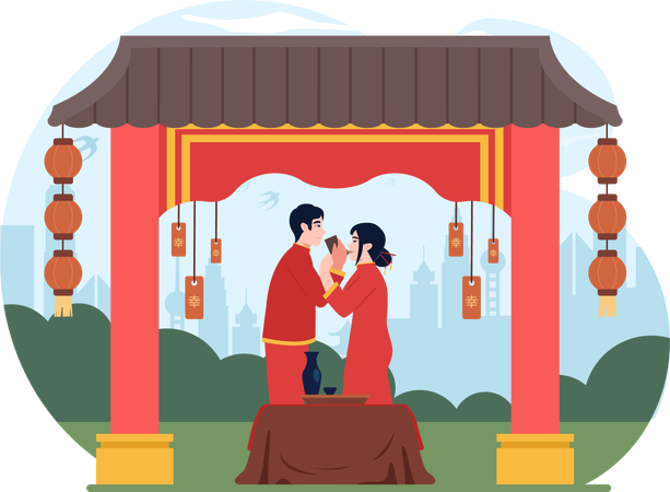 Couple feels romantic on Chinese New year  Illustration