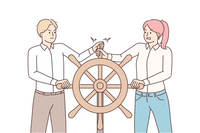 Couple fight for ship driving  Illustration