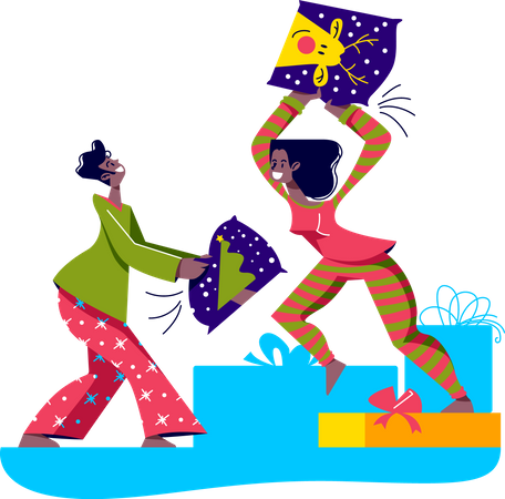Couple fighting with pillows wearing pajamas in bed Illustration
