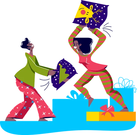 Couple Fighting With Pillows Wearing Pajamas In Bed Before Sleep Funny Cartoon Characters Playing Together On Sleepover Kids Or Young Adults Having Fun Vector Illustration Illustration