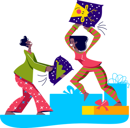 Couple fighting with pillows wearing pajamas in bed  Illustration